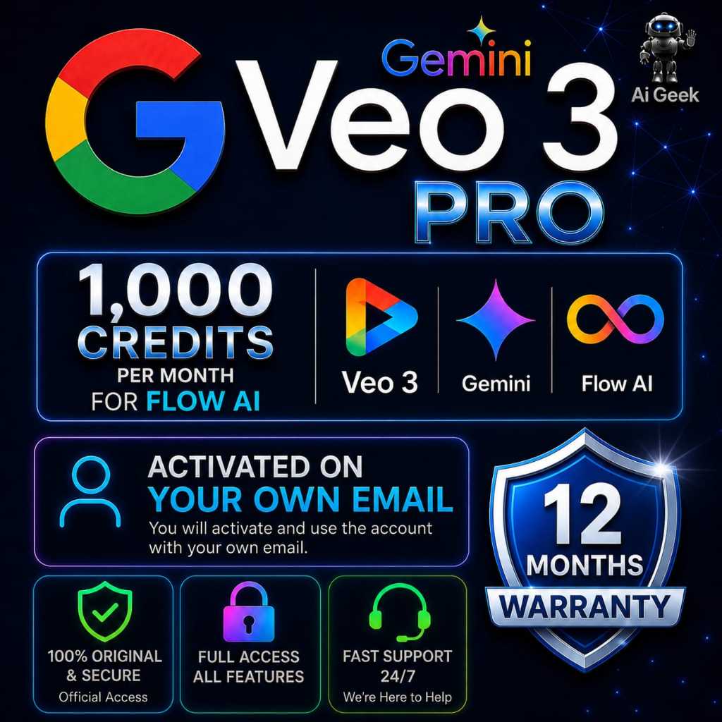 Promo, , 1 Year, Veo 3 Pro, 1000 credits per month, Private account Google Flow Ai, Gemini Pro, Veo 3 unlimited