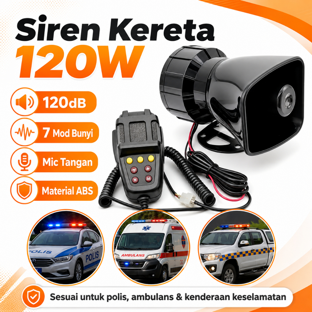 [Ready Stock] 7 Sound Car Siren Horn 120W Loud Speaker With MIC Universal Siren Polis For Kereta Lori Van Heavy Duty