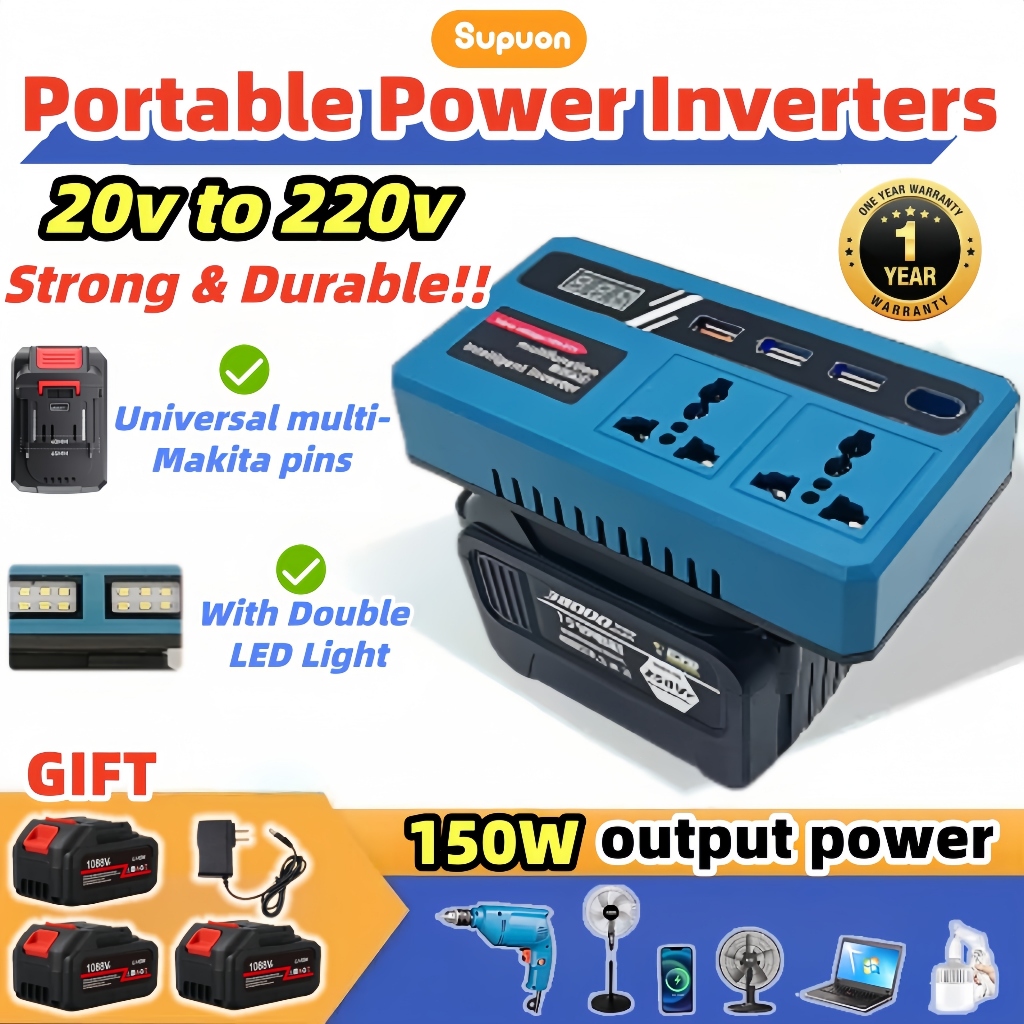 🔥3 Battery🔥Portable Power Inverters 20v to 220v Converter with Dual USB,AC Outlet and Type-C 逆变器