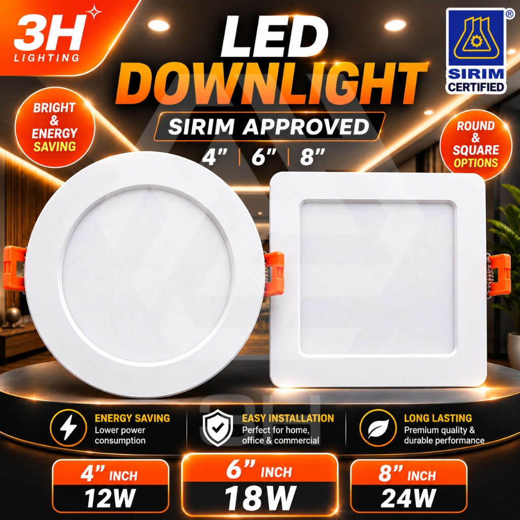 3H Lampu Siling LED Downlight SIRIM Bulat Petak 4" 12W 6" 18W 8" 24W Recessed Siling Plaster