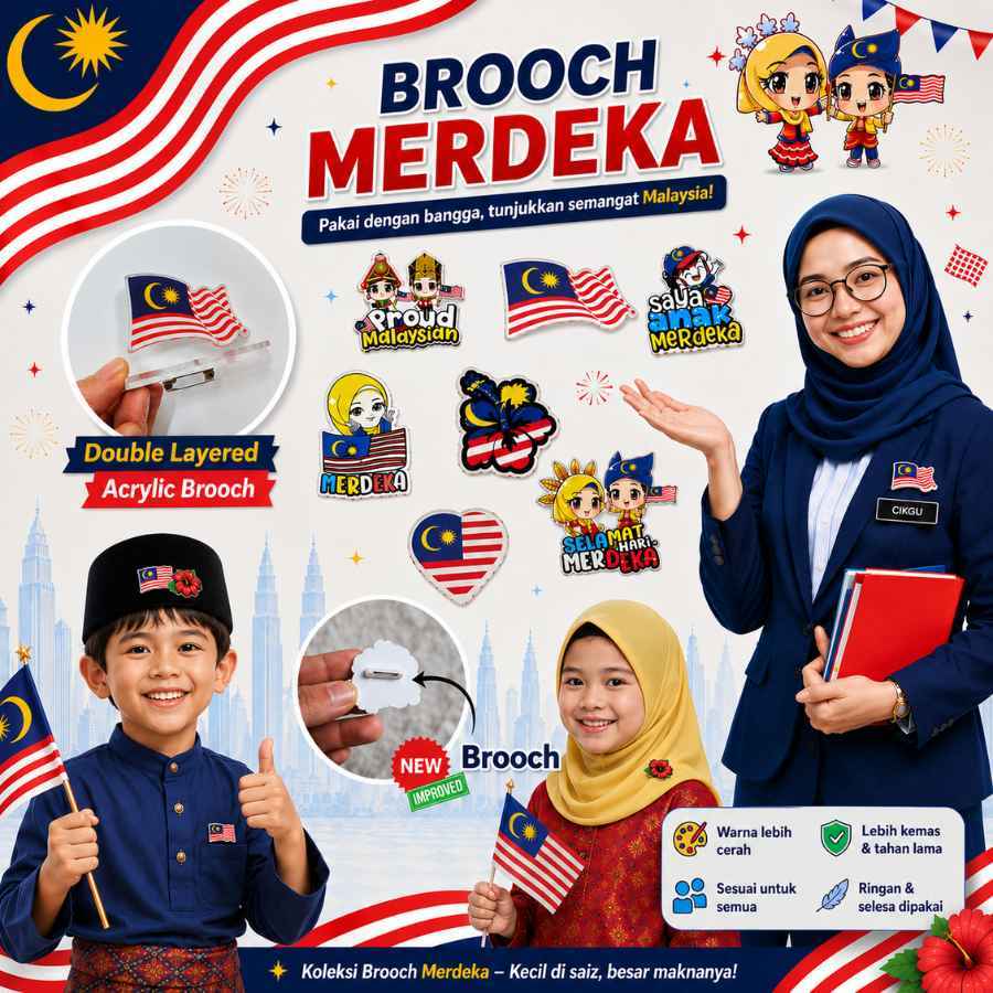 Brooch Merdeka Acrylic Double Layered | Pin Bunga Raya Jalur Gemilang | Brooch Hari Kebangsaan