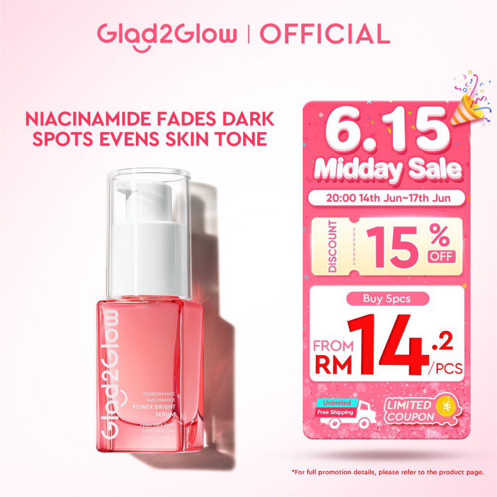 Glad2Glow Pomegranate Niacinamide Power Whitening muka glowing Wajah Brightening Serum Evens skin Tone 17ml