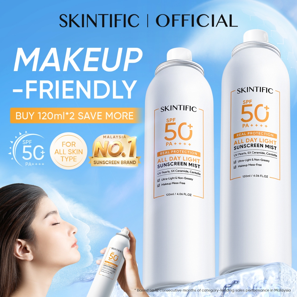 SKINTIFIC All Day Light Sunscreen Mist SPF50+ PA++++ Double Antioxidant Sunscreen Spray Physical UV Protection Centella