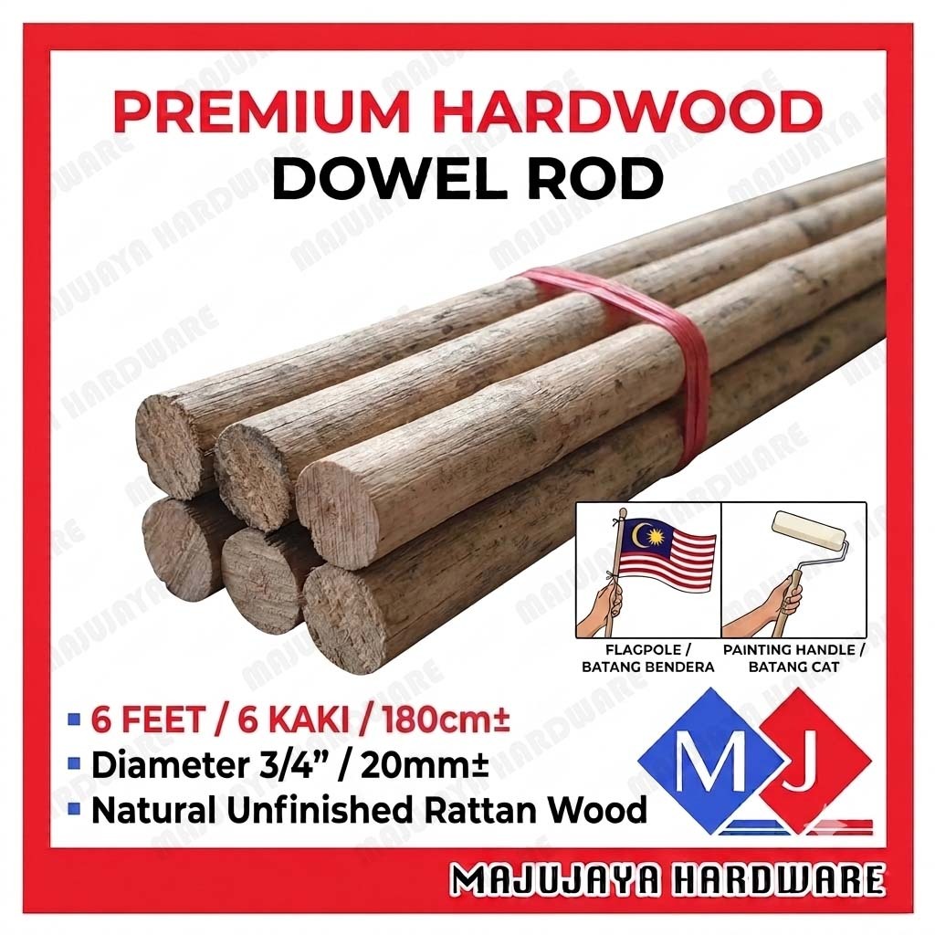 6ft 6Kaki Round Wooden Stick Wood Mop Stick 6 Kaki Kayu Batang Kayu Bendera Kayu Ampaian Kayu Bulat Barang Penyapu