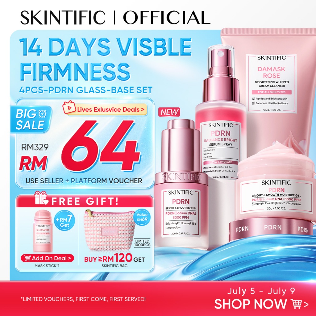 [LIVE EXTRA]SKINTIFIC 4PCS Sunblock PDRN Skincare Set SPF50+ PA++++ Instant Glowing丨Cleanser,Serum,Moisturizer,Sunscreen