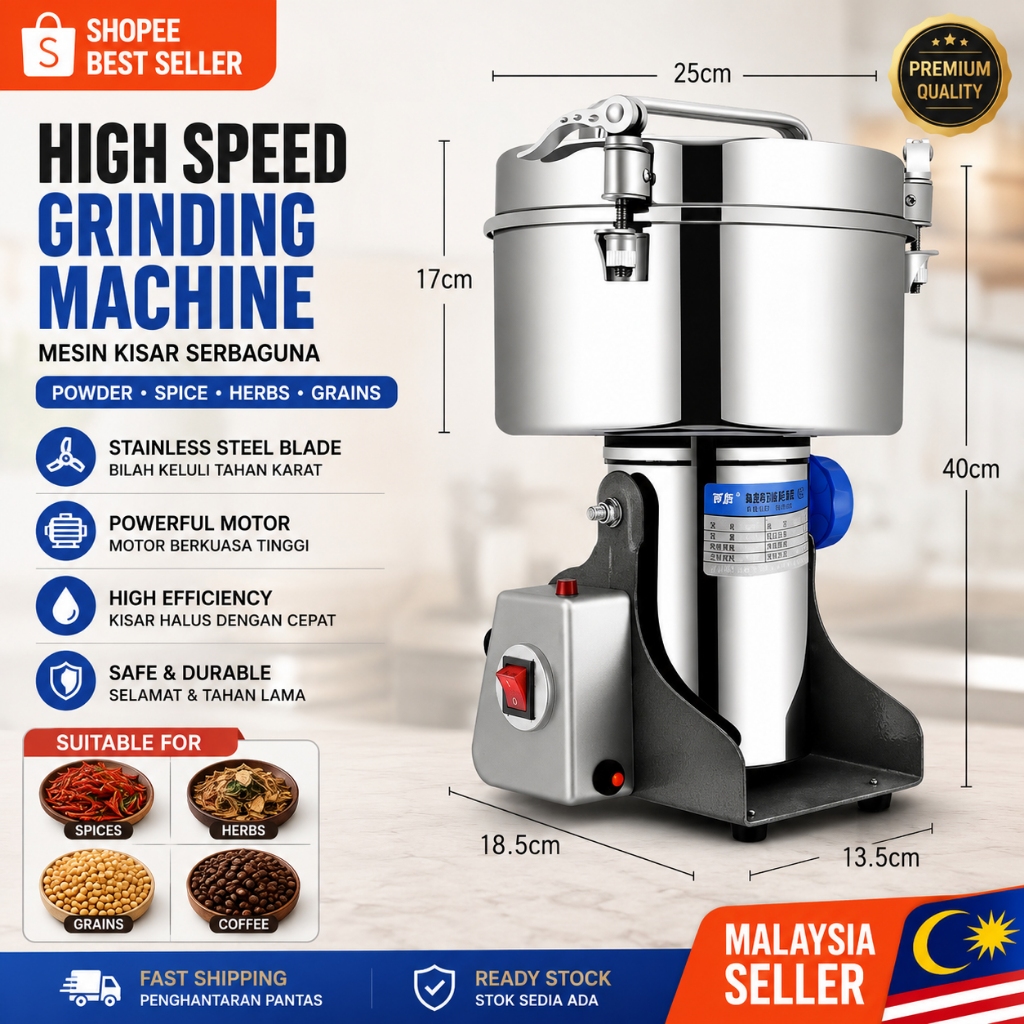 Grinder Machine Dry Food Powder Crusher Big Capacity Stainless Steel Mesin Pengisar Rempah Serbuk Kisar Cili Kering