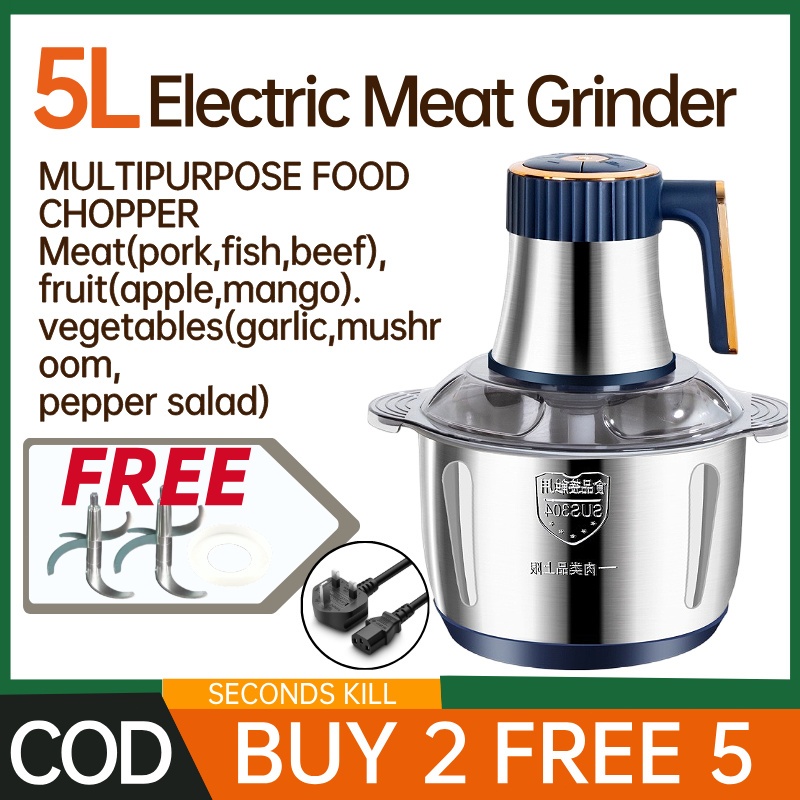 Electric Meat Grinder Chopper Blender Pencincang Bawang Daging Mesin Food Processor Large Capacity (2L/5L)
