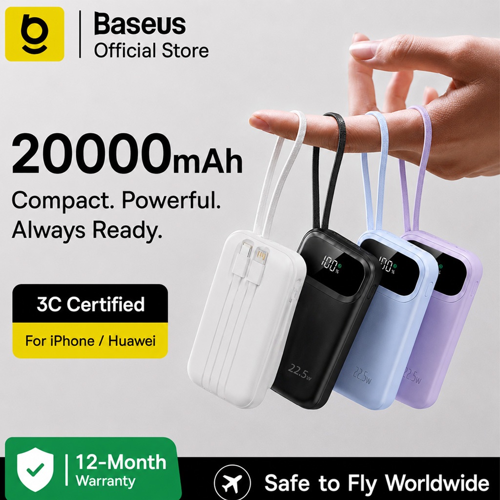[CCC Certified]Baseus 22.5W PowerBank 20000mAh Built in Dual Fast Charging Cable Portable Charger For iPhone /Huawei