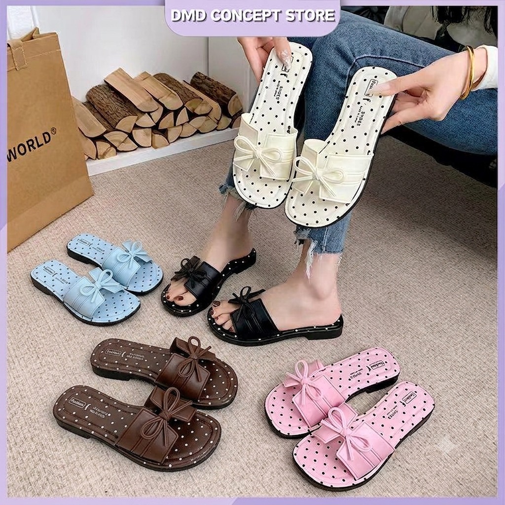 2605 Women Classic Cute Polka Dot Motif Shoe Bow Sandal Kasut Perempuan Comel Corak Titik Selipar