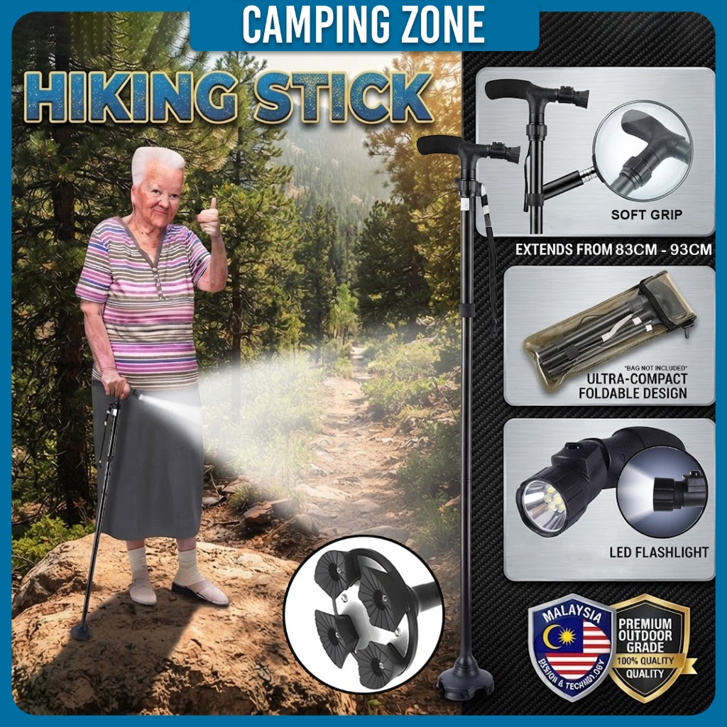 Foldable Hiking Stick Walking Cane with LED Light Adjustable Walking Hiking Stick Cane Tongkat Lampu Jalan Kaki