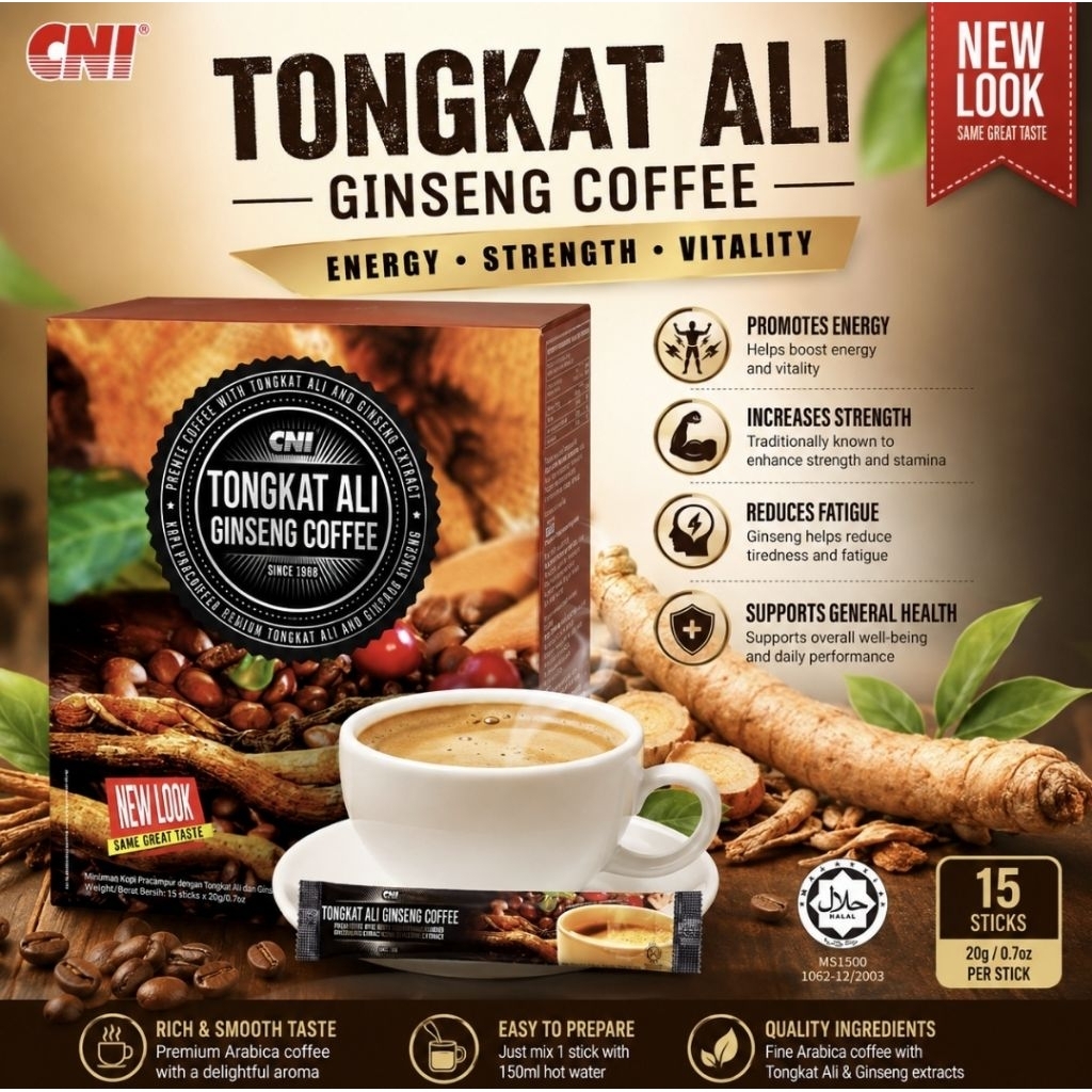 CNI Tongkat Ali Ginseng Coffee 15 Sticks | Premium Arabica Coffee | Energy Booster | Ginseng & Tongkat Ali | Halal