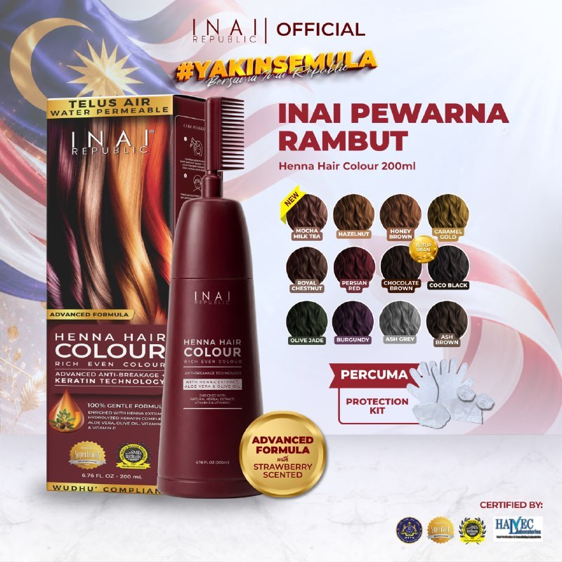 INAI PEWARNA RAMBUT HALAL INAI REPUBLIC - Tanpa Bleaching | Bau Wangi Strawberry | Olive oil & Premium Aloevera Extract