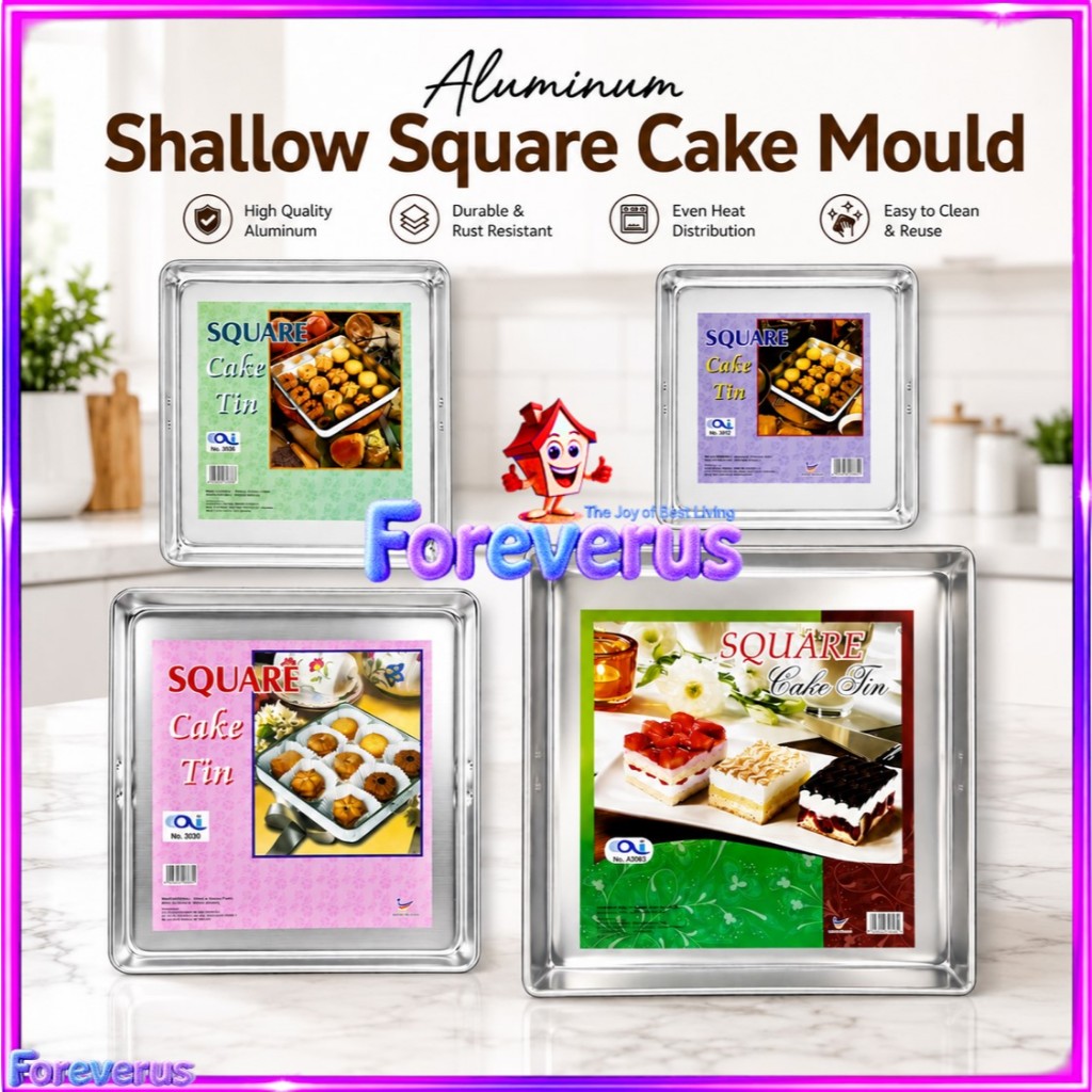 Aluminium Shallow Square Cake Mould – 8 / 10 / 12 / 13 Inch / Acuan Loyang Kek Tin Segi Empat & Kuih (4 Size)