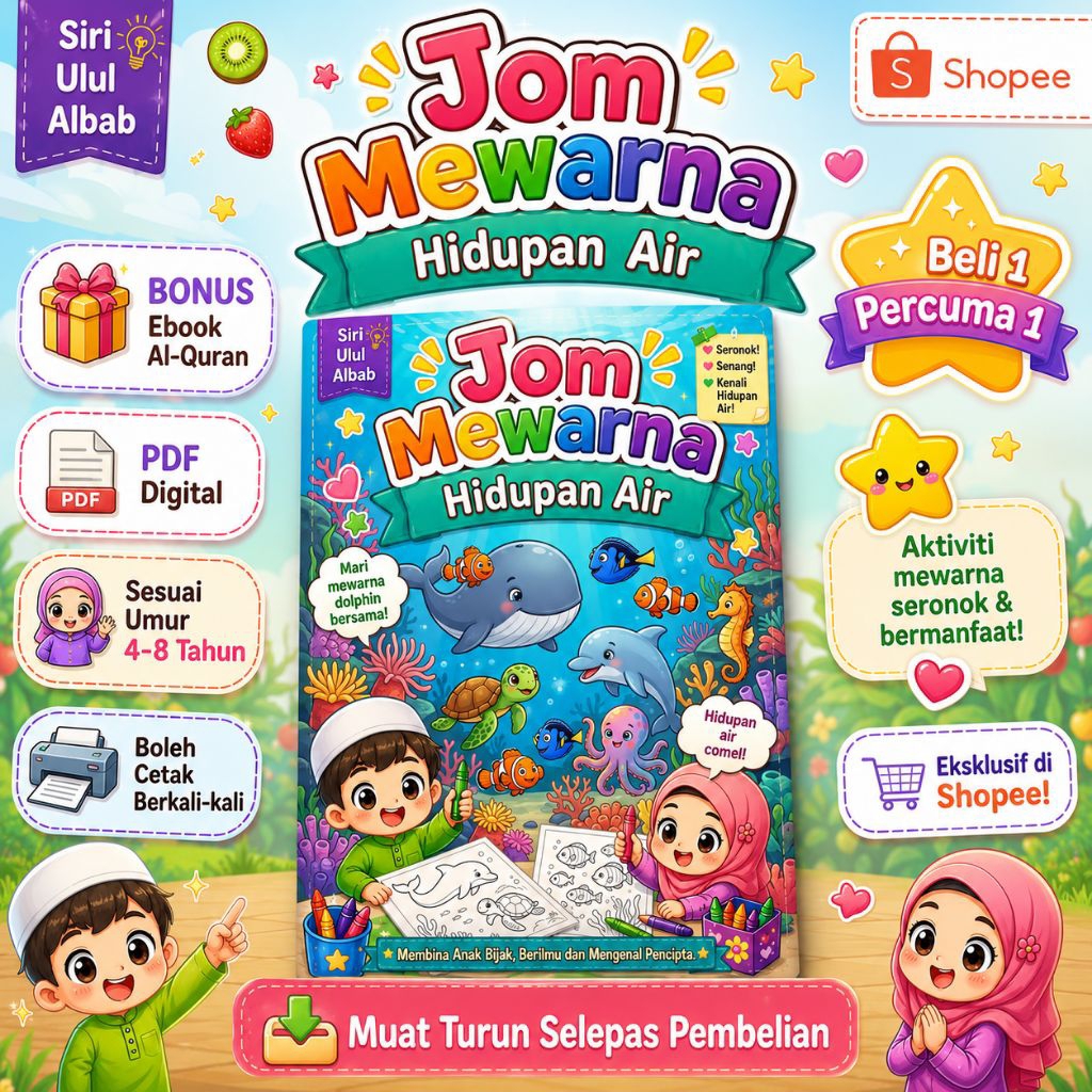 Jom Mewarna Hidupan Air 🐟 | Ebook PDF Aktiviti Kanak-Kanak 4-8 Tahun | Siri Ulul Albab | Printable Colouring Book