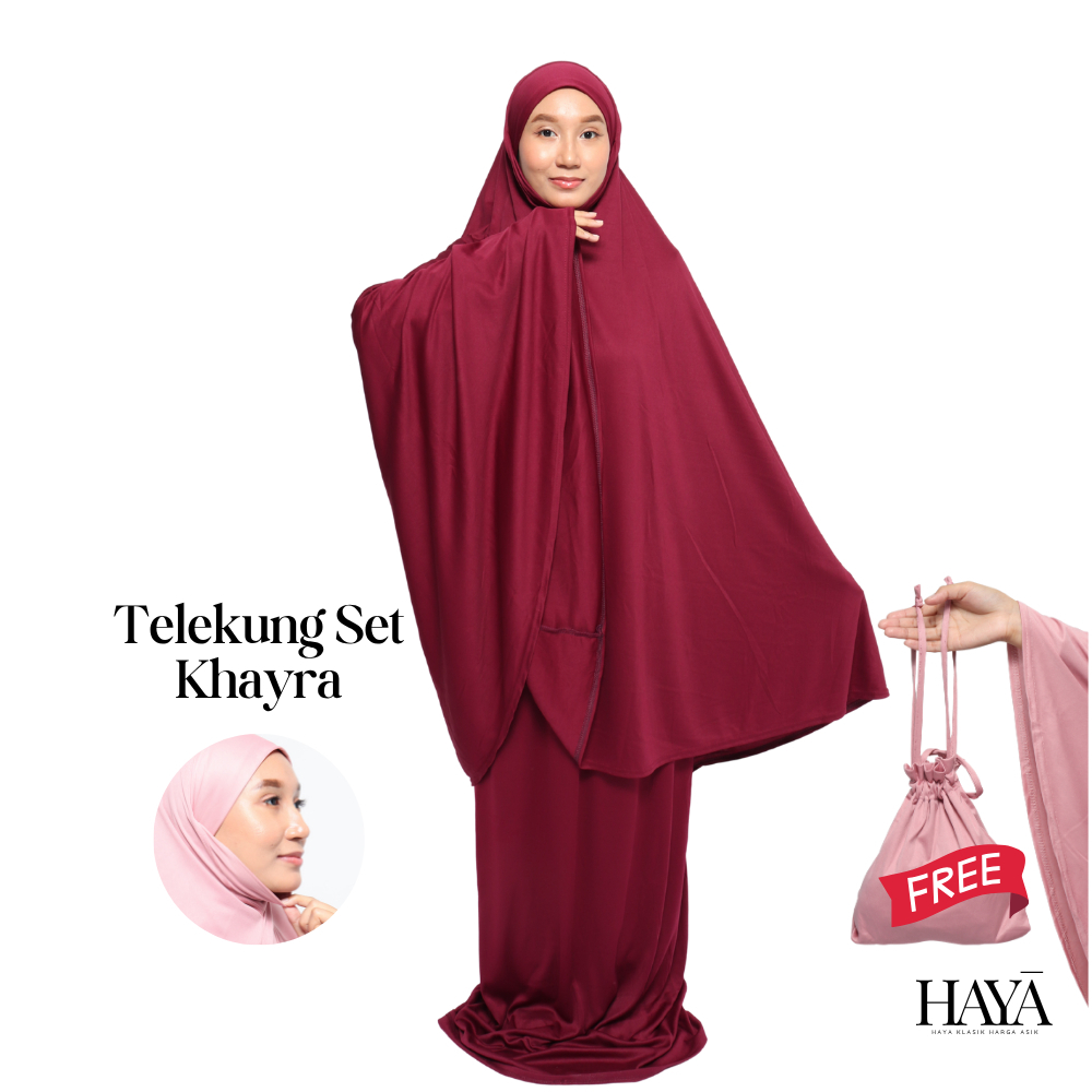HAYA GROUP Khayra Women Telekung Travel Khimar Basic Set Lycra Viscose Lightweight For Dewasa Perempuan Muslimah