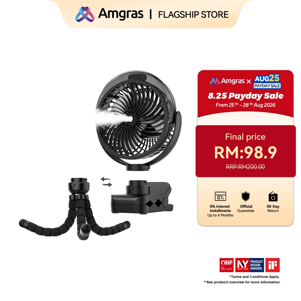 Amgras Stroller Baby Portable Mini Fan Rechargeable 9 Leds/Ultra Quiet/Flexible Tripod/55 Hours (6000mAh)