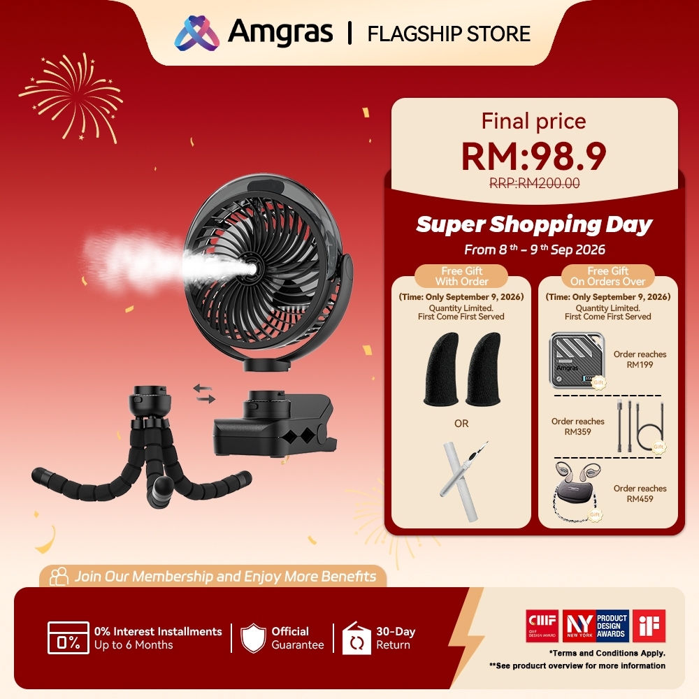 Amgras Stroller Baby Portable Mini Fan Rechargeable 9 Leds/Ultra Quiet/Flexible Tripod/55 Hours (6000mAh)
