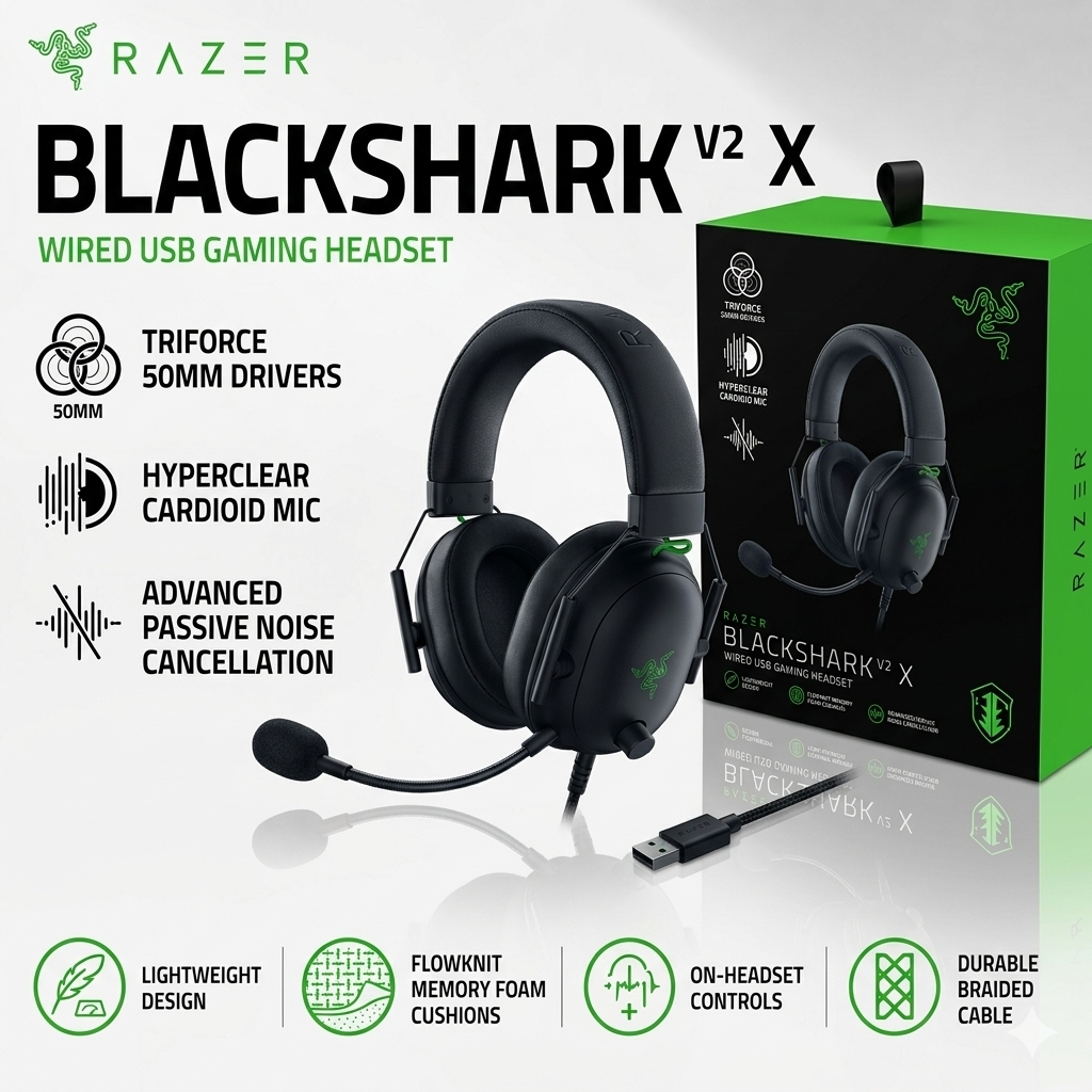 RAZER Gaming Headset Razer Blackshark V2 X 7.1 Surround Sound Wired Esport Blackshark V2 Headset | Gaming Headphones