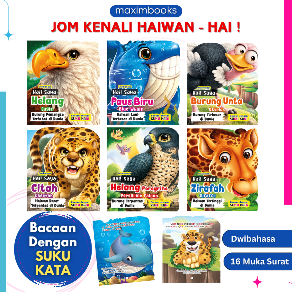 MIND TO MIND Dwibahasa Hai saya Helang, Paus Biru, Burung Unta, Citah, Helang Peregrine, Zirafah | Shape Book