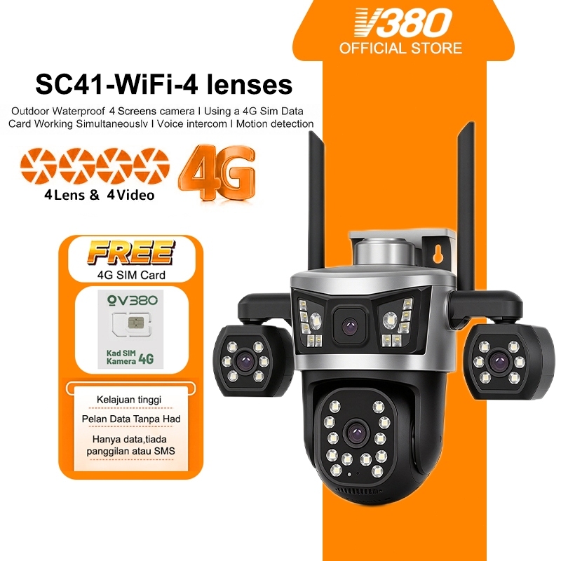 V380 Pro Outdoor CCTV 4G Four Lens 360° Monitoring Wireless IP66 Waterproof Night Vision Wifi Camera