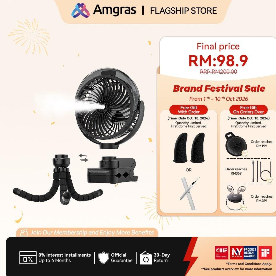 Amgras Stroller Baby Portable Mini Fan Rechargeable 9 Leds/Ultra Quiet/Flexible Tripod/55 Hours (6000mAh)