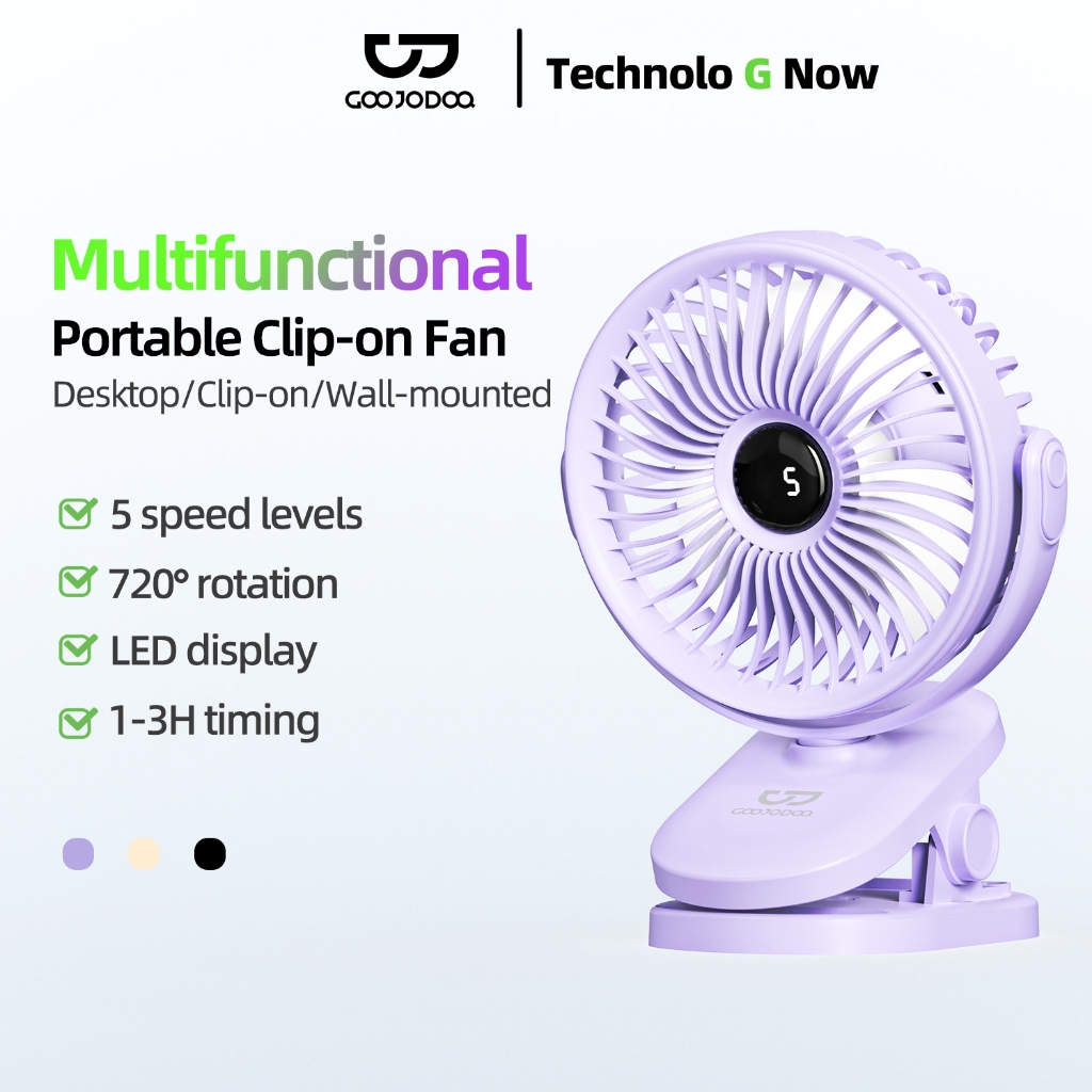 GOOJODOQ 720° Rotation Portable Mini Clip Fan With LED Display