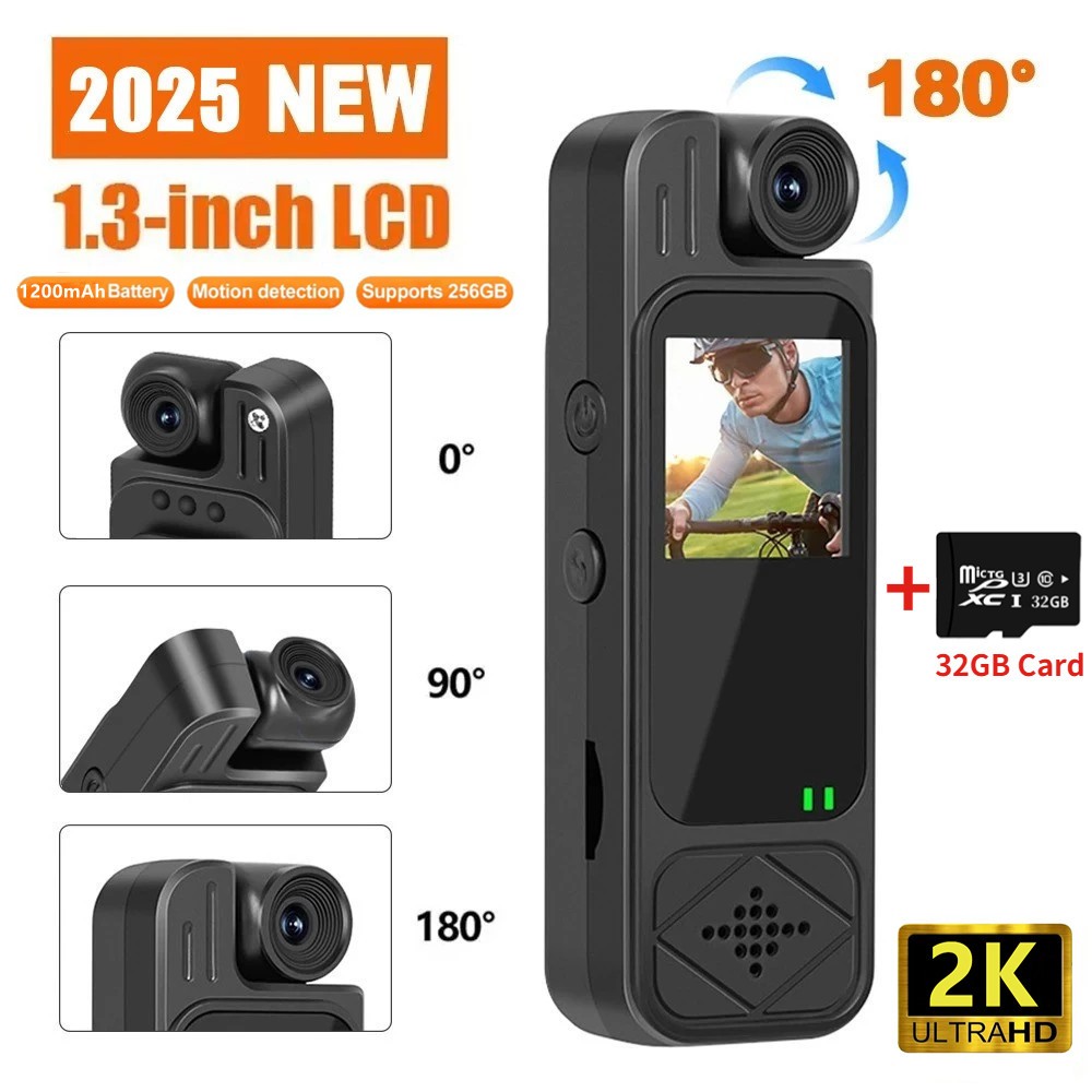 Mini Body Camera 1080P 2K HD Sports CameraRotatable Night Vision Digital Video Recorder 1.3inch Bodycam Police Camera