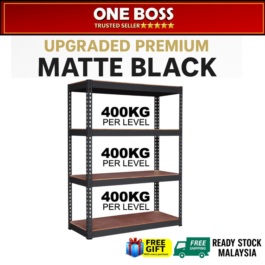 1BOSS 4 Tier/level MATTE BLACK Boltless Heavy Duty Rack Office File Home Storage Rak Dapur Besi 货架铁架