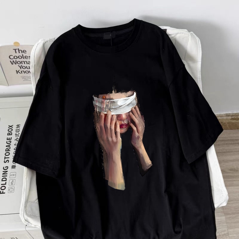 Amerika style women clothing | Oversized Crew Neck T-shirt 100% cotton | Potret print  stylish casual tops y2k