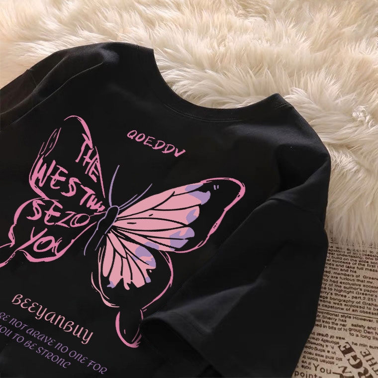 kumikumi Korean retro  butterfly Print oversized black Crew Neck T-shirt for women