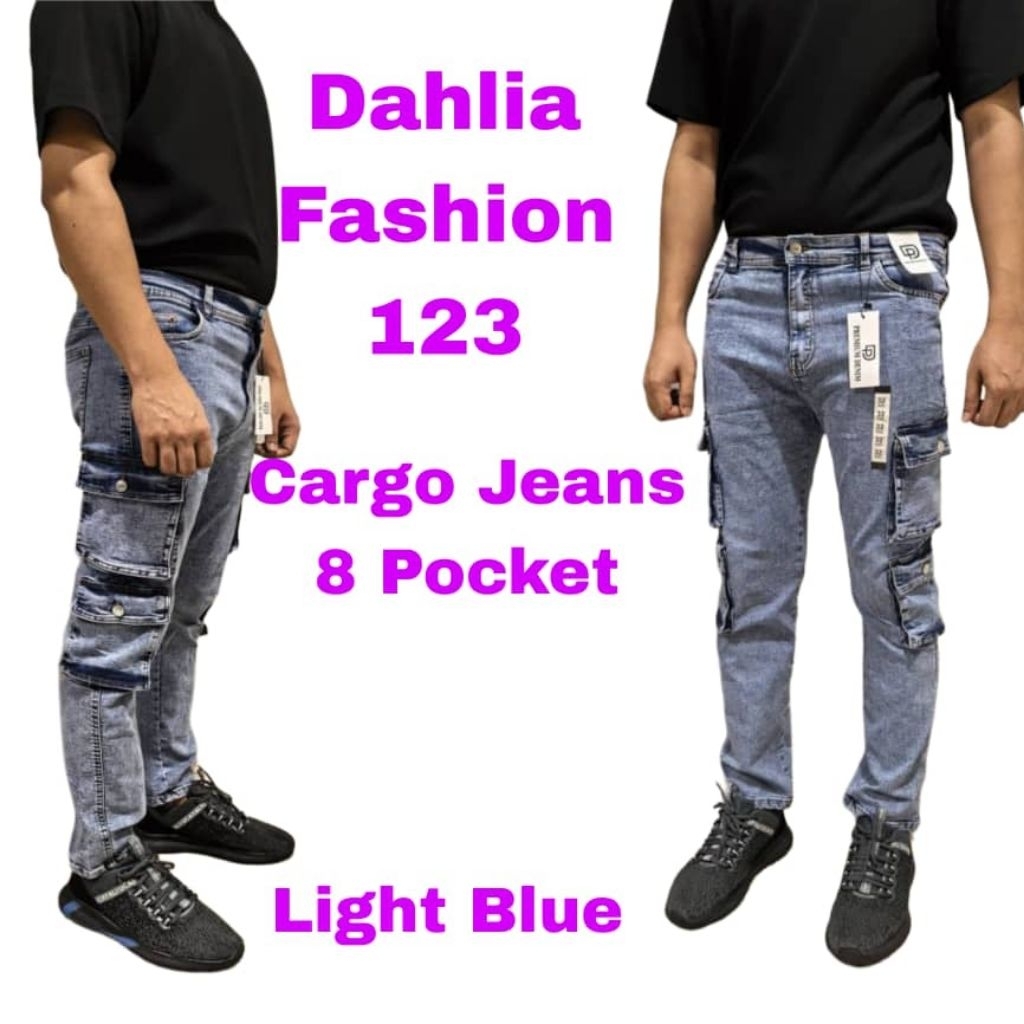 Seluar Cargo Jeans Acid Wash 8 Pocket Slim Fit Stretchable Multi-Pocket