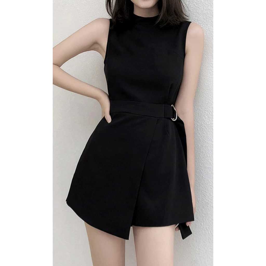 Casual Plain Asymmetrical Metal Buckle Spring/Summer Black Jumpsuit for Women
