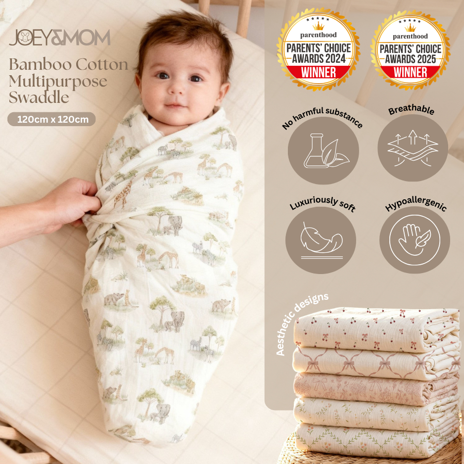Joey&Mom Premium Bamboo Cotton Baby Swaddle Blanket 120x120cm | Eczema Friendly Swaddle, Blanket Wrap