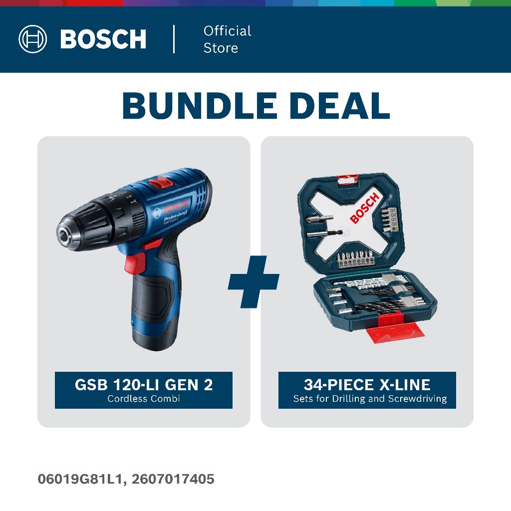 BOSCH [COMBO] GSB 120-LI Gen 2 Cordless Impact Drill Kit + Extra 23pcs Accessories + BOSCH 34pcs X-Line Drill Driver Set