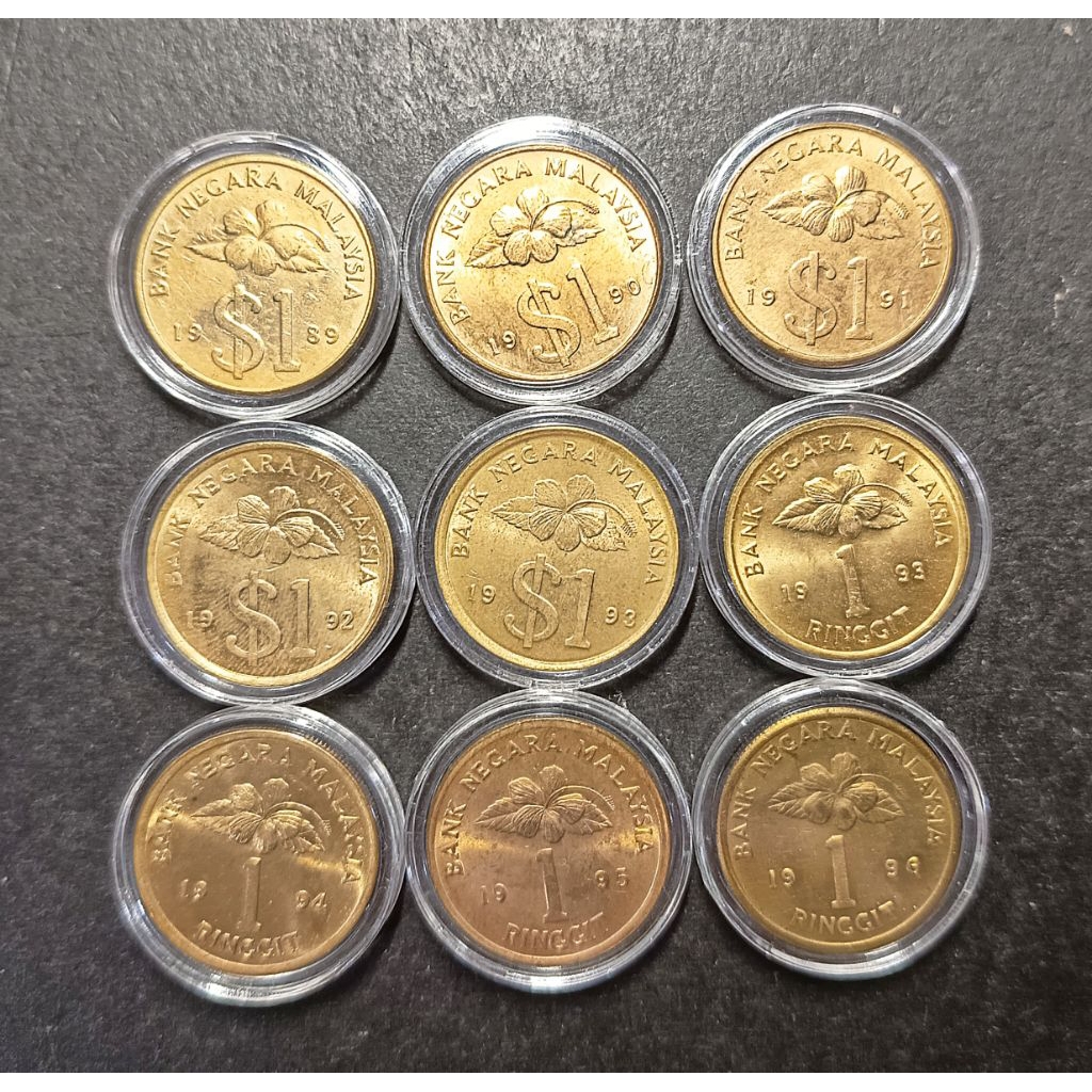 Malaysia Old Coin RM 1 Completed Year of Issued 1989 - 1996 ( Completed Set of High Grade Condition 9 Pieces)