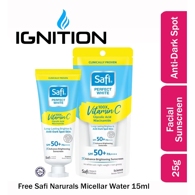 Safi Perfect White 3X Advance Brightening Sunscreen SPF50+ 25g (Free Safi Naturals Micellar Water Ro
