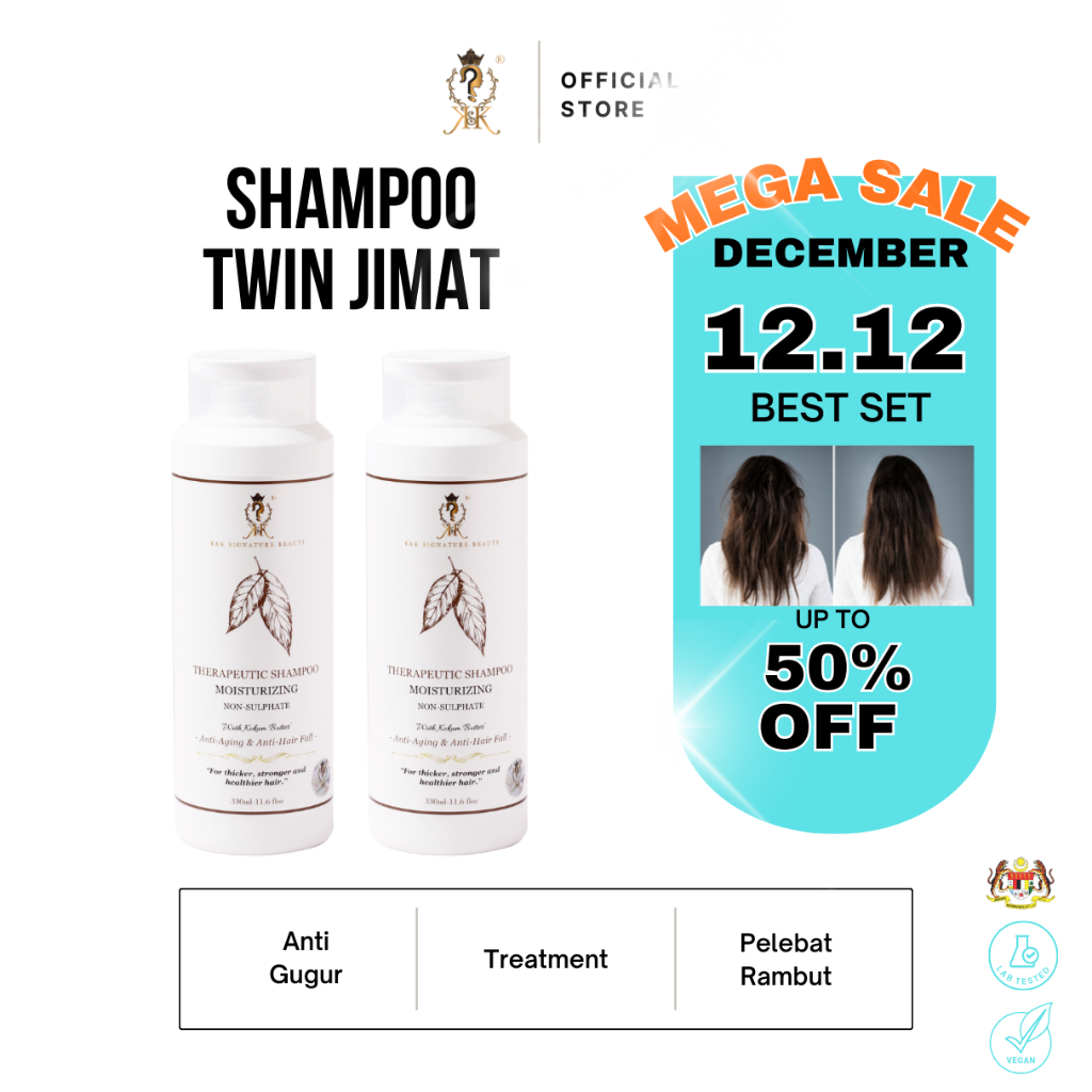 HQ] TWIN COMBO K&K 100% HERBAL THERAPEUTIC MOISTURISING SHAMPOO 330ML - LEBATKAN RAMBUT - GUGUR RAMBUT-BABY HAIR GROWTH