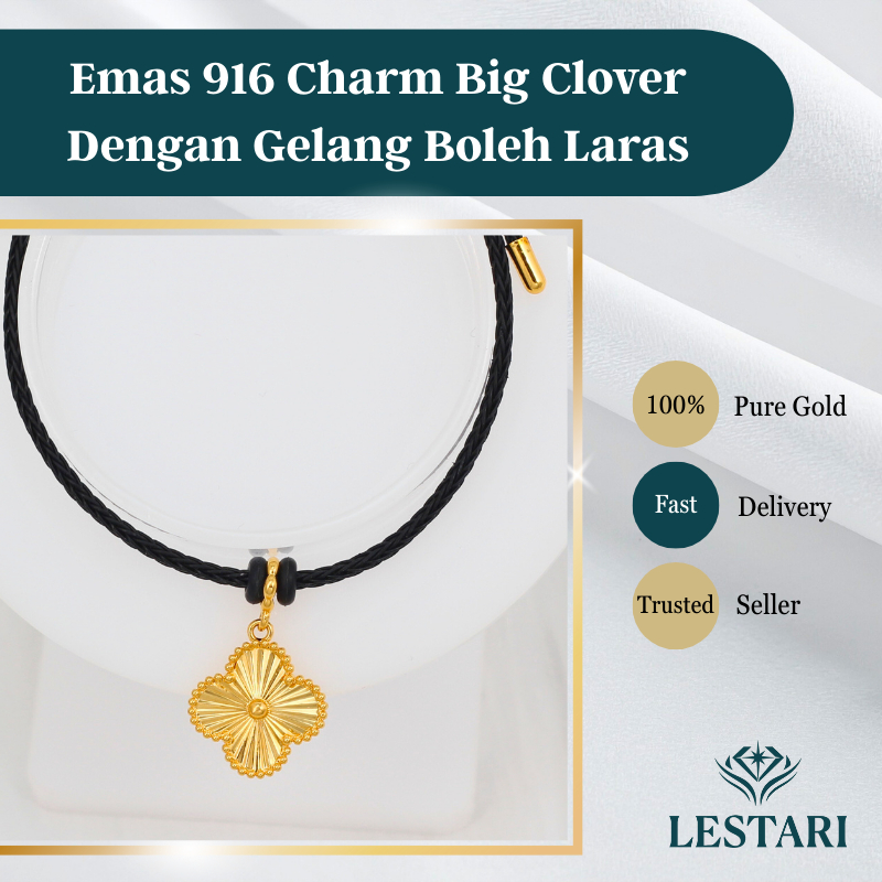 Emas 916 Charm Big Clover Dengan Gelang Boleh Laras 2.0mm I 916 Gold Big Clover Charm Adjustable Bracelet｜916黄金四叶草可调节手链