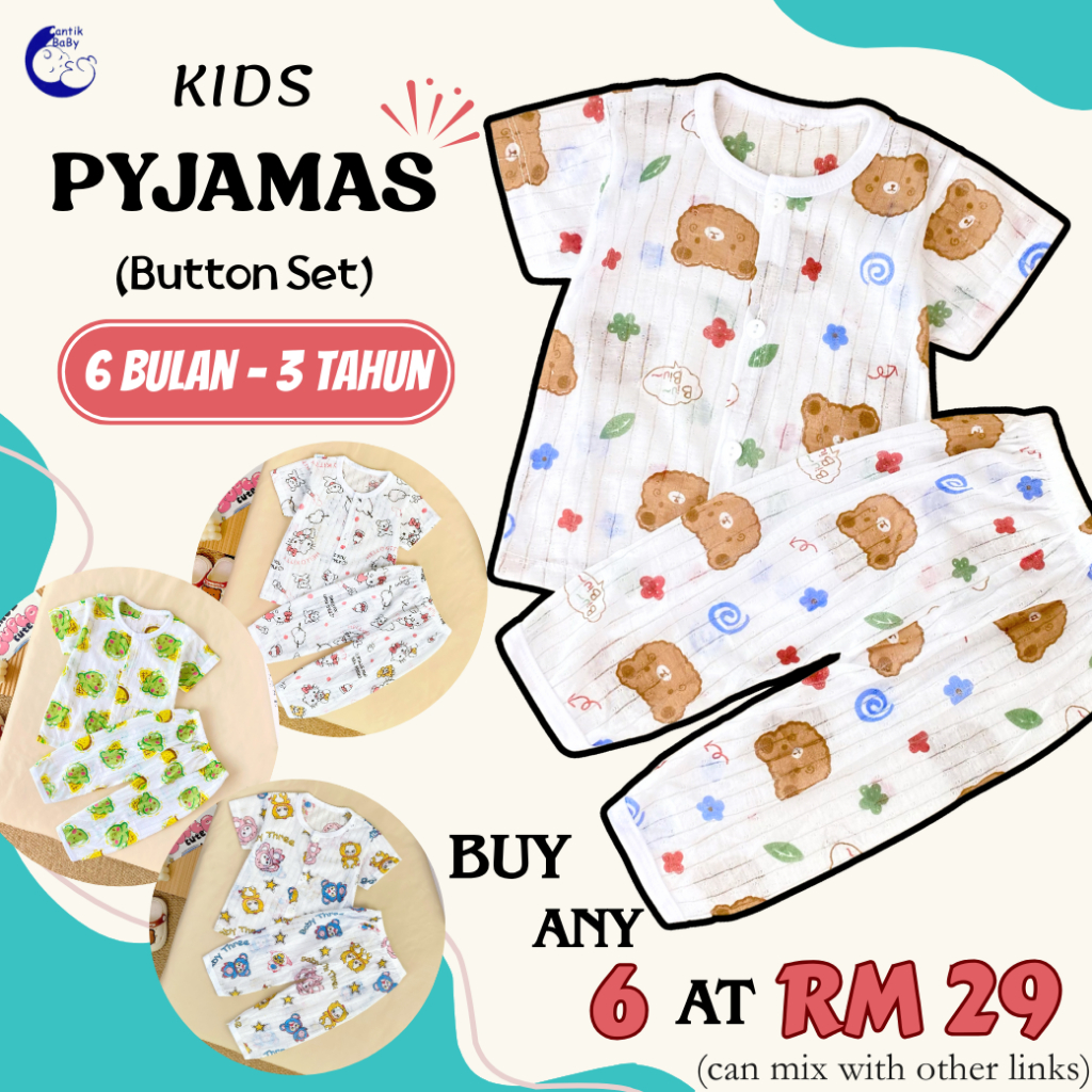 CantikBaby Baju Bayi Newborn 2T Baju Tidur Pajamas Budak Pyjamas Boy Girl Short Sleeve Long Pants Button Set Clothes