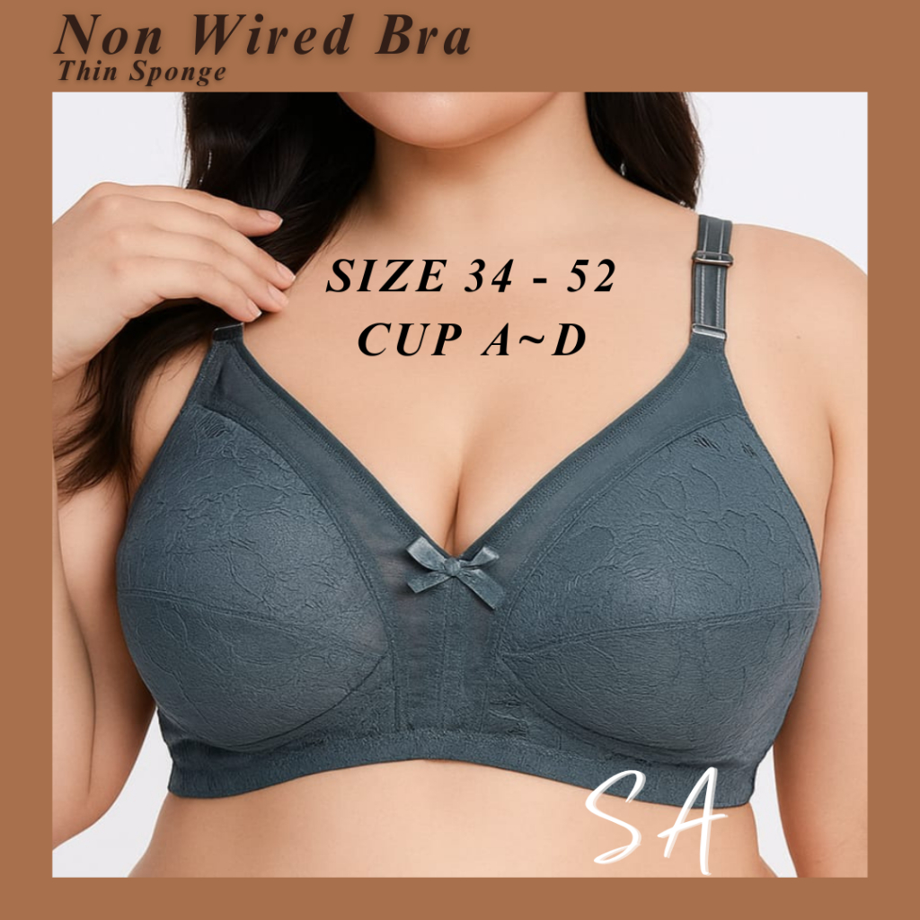 Bras B010 Wanita Tanpa Dawai Span Nipis Saiz Besar  Size 34-52  Cup A-D Women Non Wired Thin Sponge  蕾丝无钢圈三排扣内衣薄杯