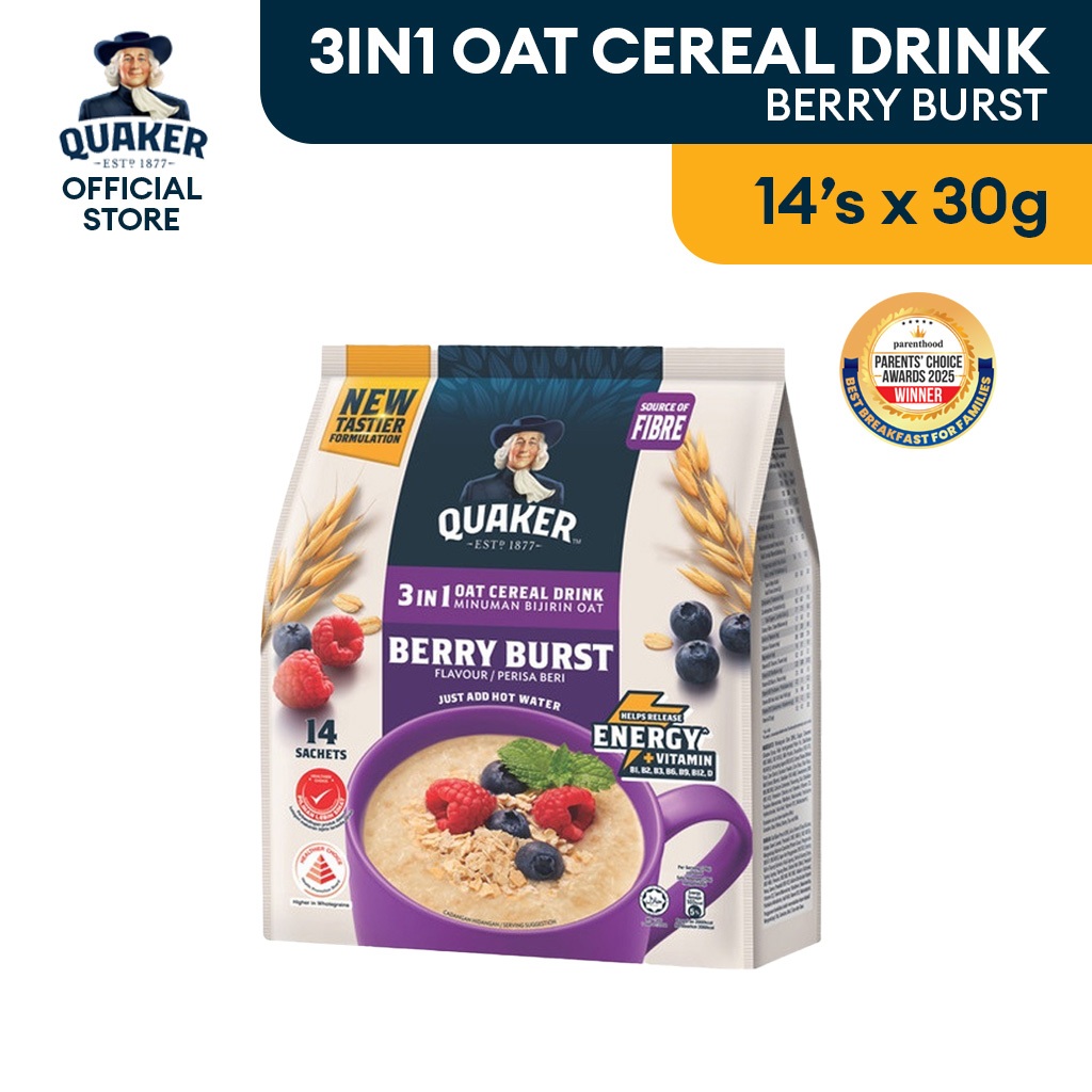 QUAKER 3 in 1 Oat Cereal Drink - Berry Burst (14's x 30g) / Quaker Minuman Bijirin Oat 3 dalam 1 Beri 14 x 30g