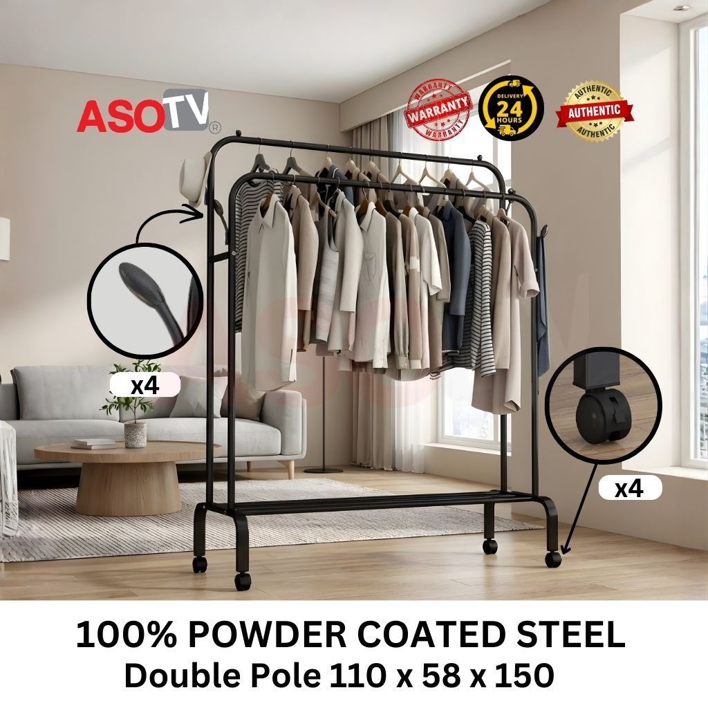 ASOTV® Double Pole Clothes Rack Rak Baju Besi Steel Cloth Stand Penggantung Baju 0015 Drying Rack Ampaian Baju 衣架