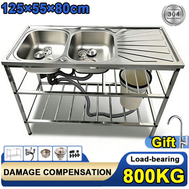 【Pampasan kerosakan】120*50cm 304 stainless steel kitchen sink double big basin bracket and sink set 厨房水槽