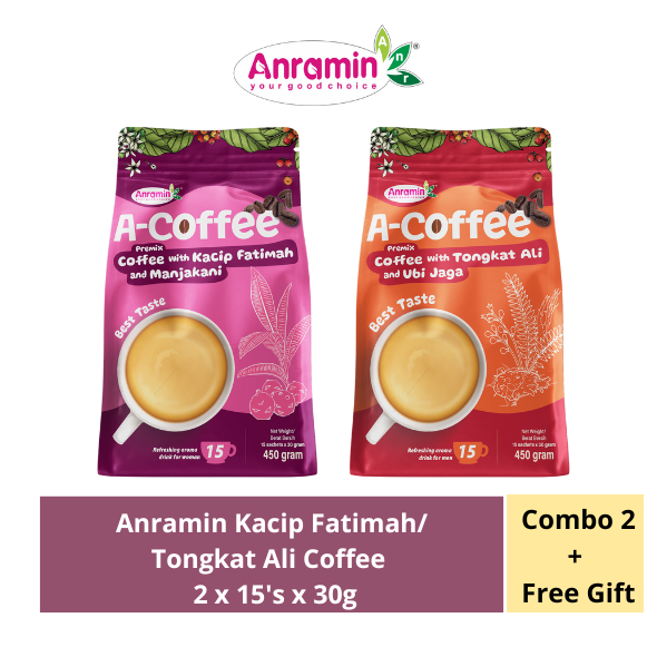 [COMBO 2] ANRAMIN Kopi Kacip Fatimah Dengan Manjakani dan Kopi Tongkat Ali dengan Arabic Gum (15sx30g)