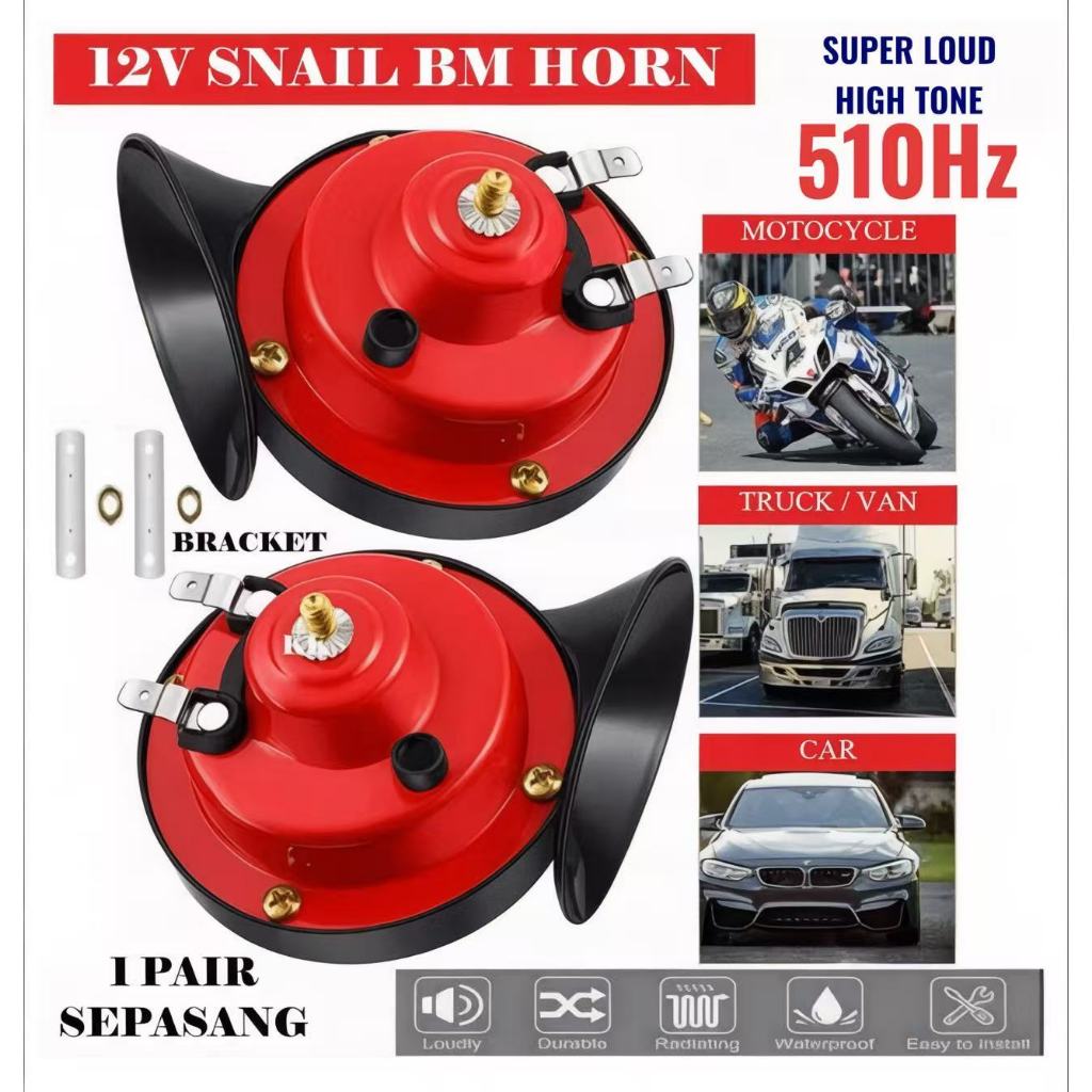 12V BM Horn Siput Type R Snail Horn Car Motorcycle 510Hz 120dB High Tone Horn Kereta Lori Motor