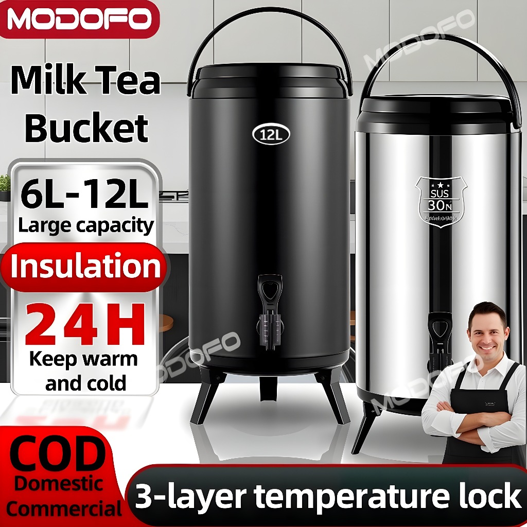 MODOFO Stainless Steel Milk Tea Bucket Large Capacity Jug Air Panas Dan Sejuk Portable Insulation Bucket