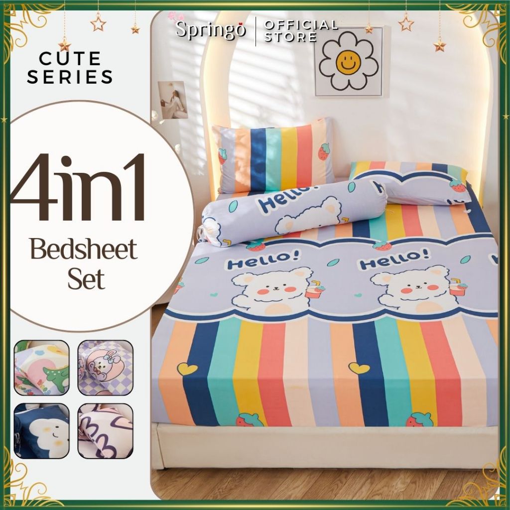 SPRINGO 4in1 Queen King 2in1 Single Cute Cartoon Fitted Bedsheet Murah Cadar Getah Keliling V#5