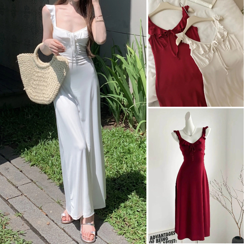 ✨【READY STOCK】Bella Flounces Long Dress Women Solid Color Slim Style Dress (Red/White）
