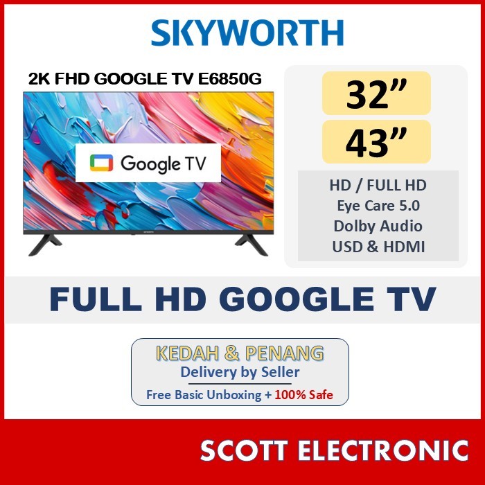 [Delivery by Seller Kedah & Penang] Skyworth 32" 43"  Android Tv Google Tv Led Tv /  STE6600 Series  32STE6600 43STE6600