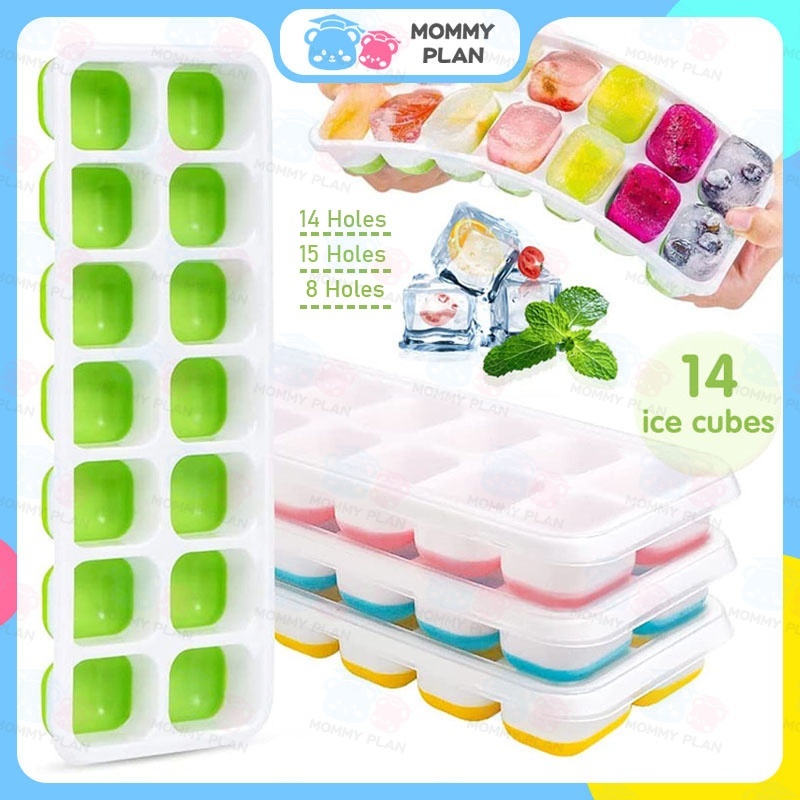 14 Holes Silicone Ice Cube Maker Trays with Spill-Resistant Removable Lid Baby Food Maker Mold Tray Containers BPA-Free